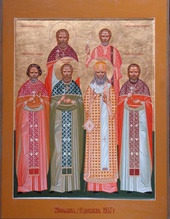 Священномученик Алексий (Веселовский) в соборе Бутовских новомучеников, память которых празднуется 28 ноября/11 декабря.<br><i>Икона храма св. Новомучеников и Исповедников Российских в Бутове</i>
