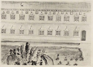 Часть старого корпуса Московской духовной академии. Рисунок Д. И. Кастальского. Сергиевский посад, ноябрь 1854.<br>Ист.: У Троицы в Академии ...