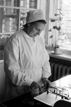 Вера Петровна Бухарина в годы работы фармацевтом в г. Минске, 1970-е (Из семейного архива Л. Д. Вишнева)